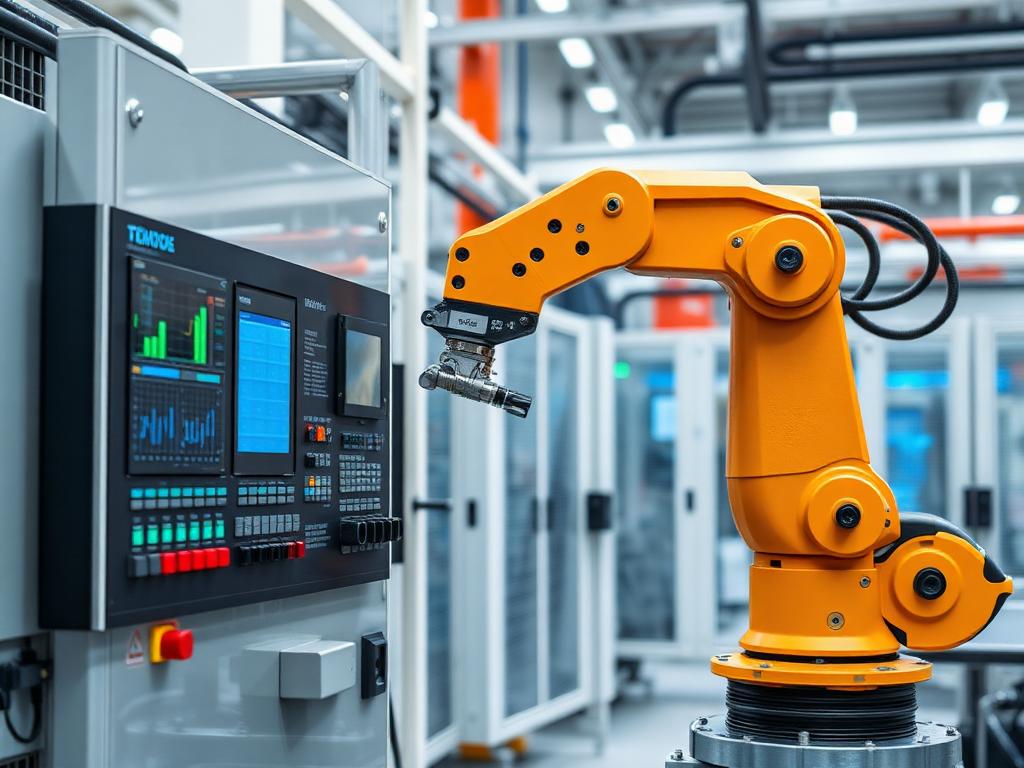 Braço robótico industrial e painel de controle